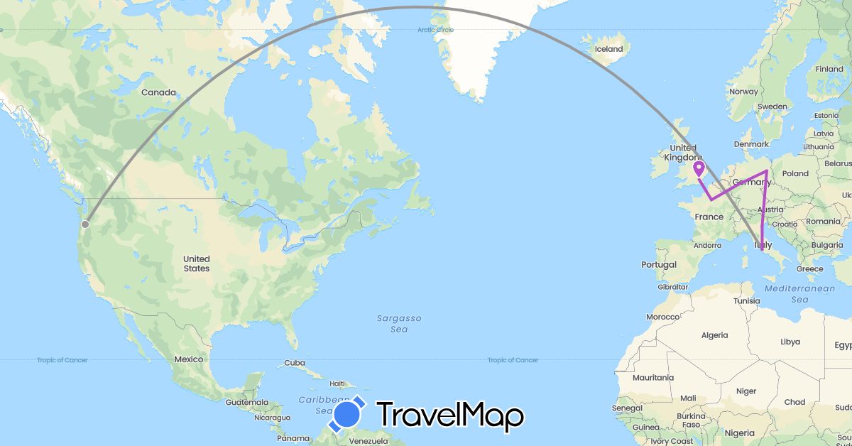 TravelMap itinerary: plane, train in Germany, France, United Kingdom, Italy, United States (Europe, North America)